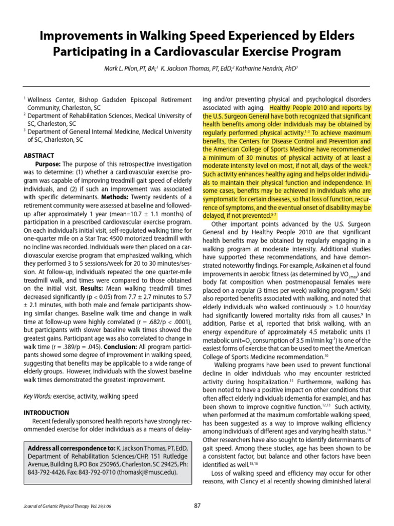 Improvements in Walking Speed Experienced by Elders Participating in a ...