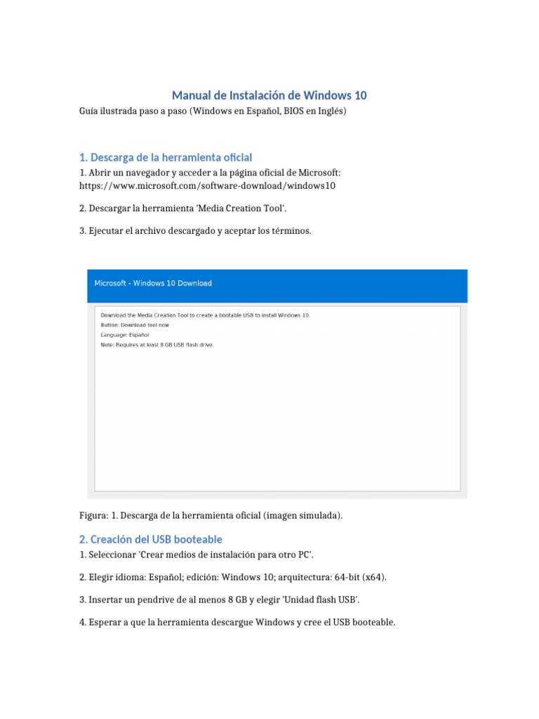 Guía de Instalación de Windows 10 | PDF | Arranque | Bios