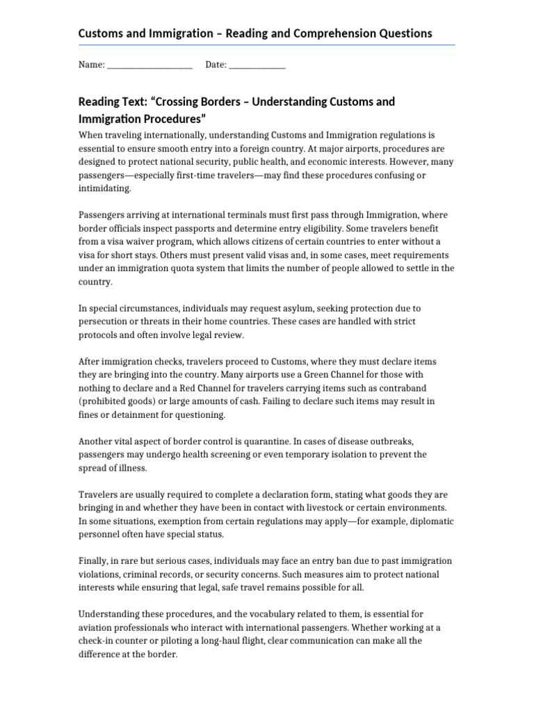 READING Customs and Immigration Full Worksheet | PDF | Customs | Travel ...