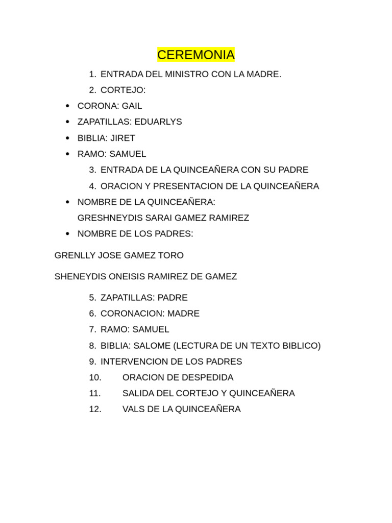 Ceremonia de Quinceañera de Greshneydis | PDF