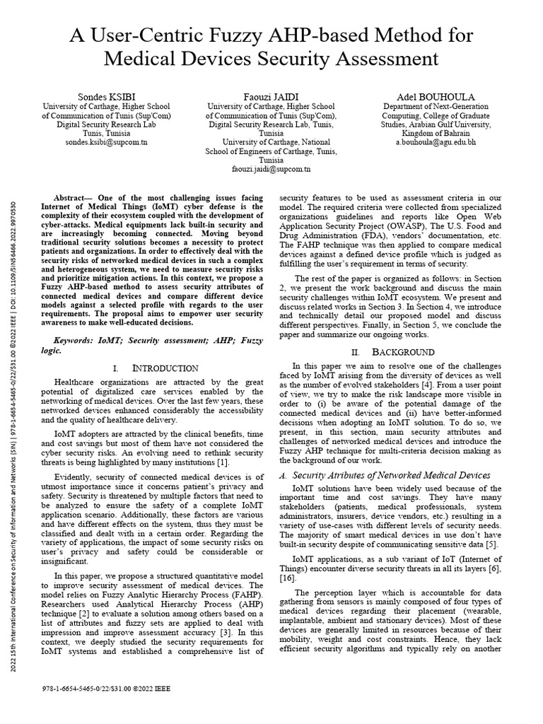 2 A User-Centric Fuzzy AHP-based Method For Medical Devices Security ...