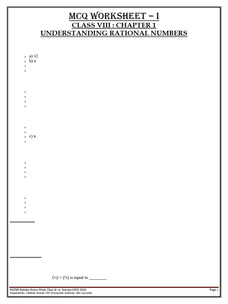 Class 8 Rational Numbers MCQ Worksheet | PDF | Numbers | Rational Number