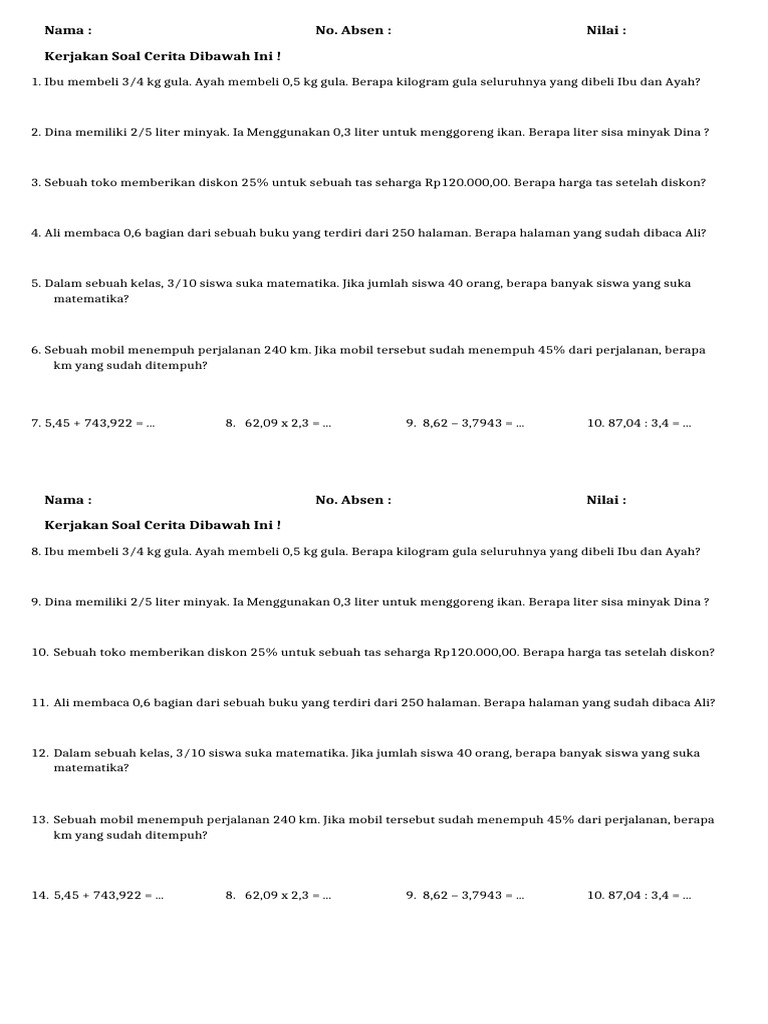 Soal Pecahan dan Desimal Kelas 6 | PDF