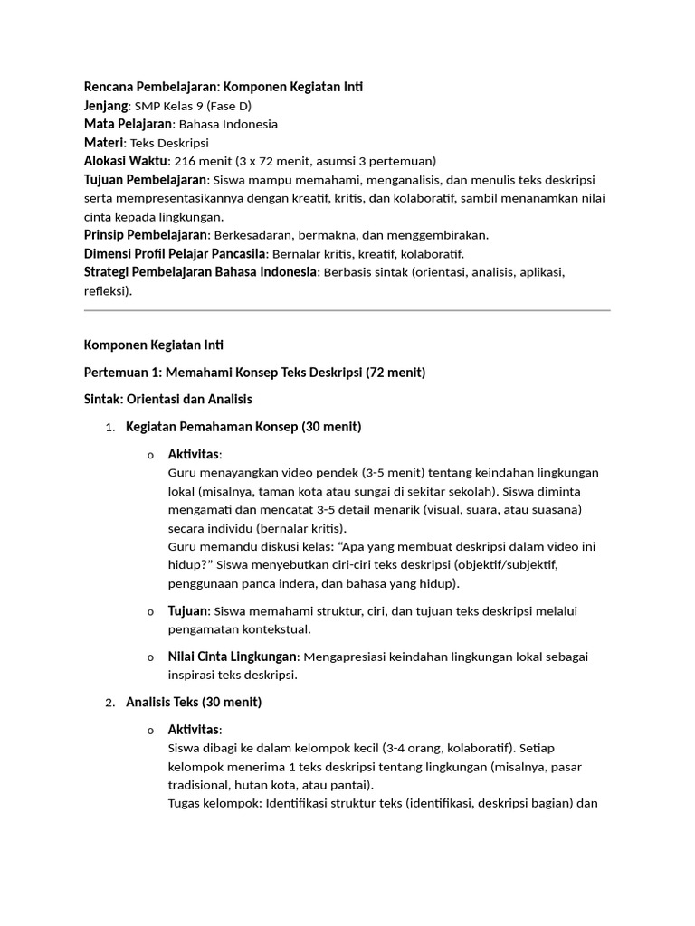 Rencana Pembelajaran Teks Deskripsi SMP | PDF