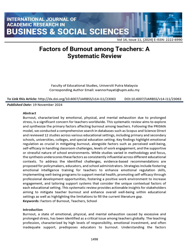 Teacher Burnout Factors: Systematic Review | PDF | Self Efficacy ...