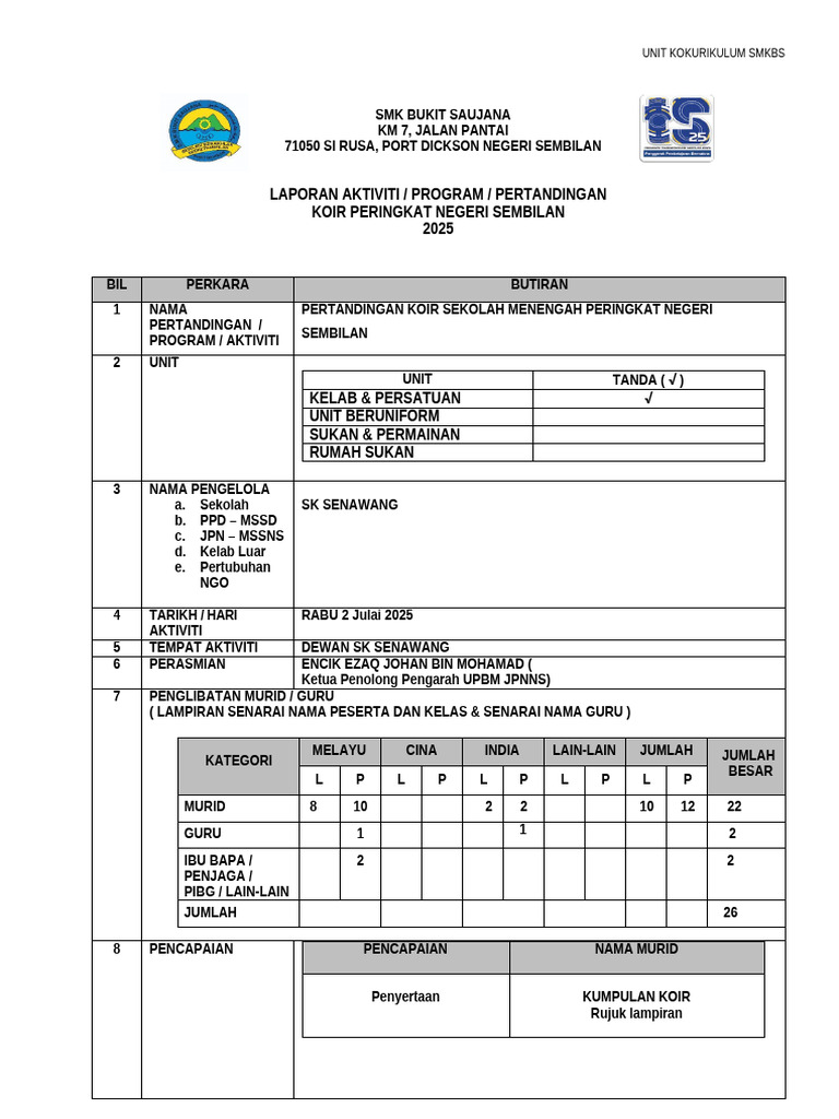Laporan Koir Peringkat Negeri | PDF