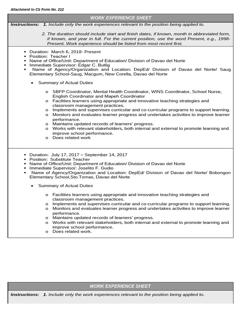 Cs Form No. 212 Attachment Work Experience Sheet Mae | PDF | Learning ...
