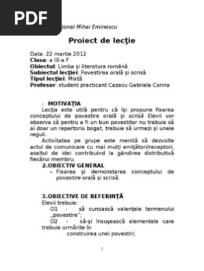 Proiect De Lecţie Povestirea