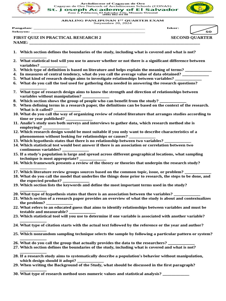 1ST Quiz in PR2 2ND Quarter | PDF | Hypothesis | Statistics