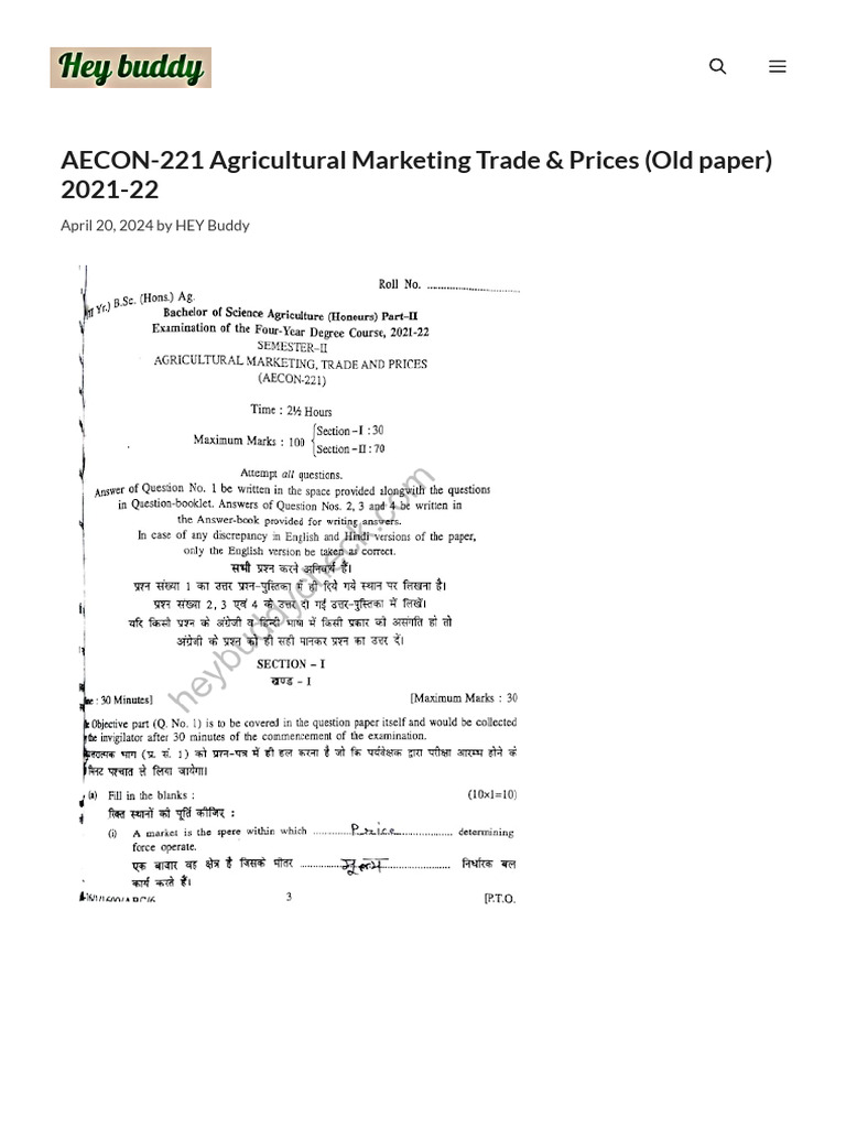 AECON-221 Agricultural Marketing Trade & Prices (Old Paper) 2021 | PDF ...