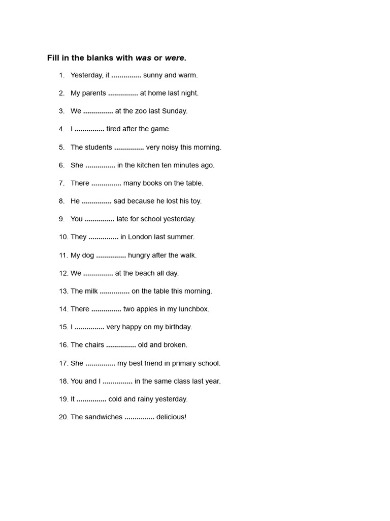 Fill in the Blanks: Was or Were Exercise | PDF