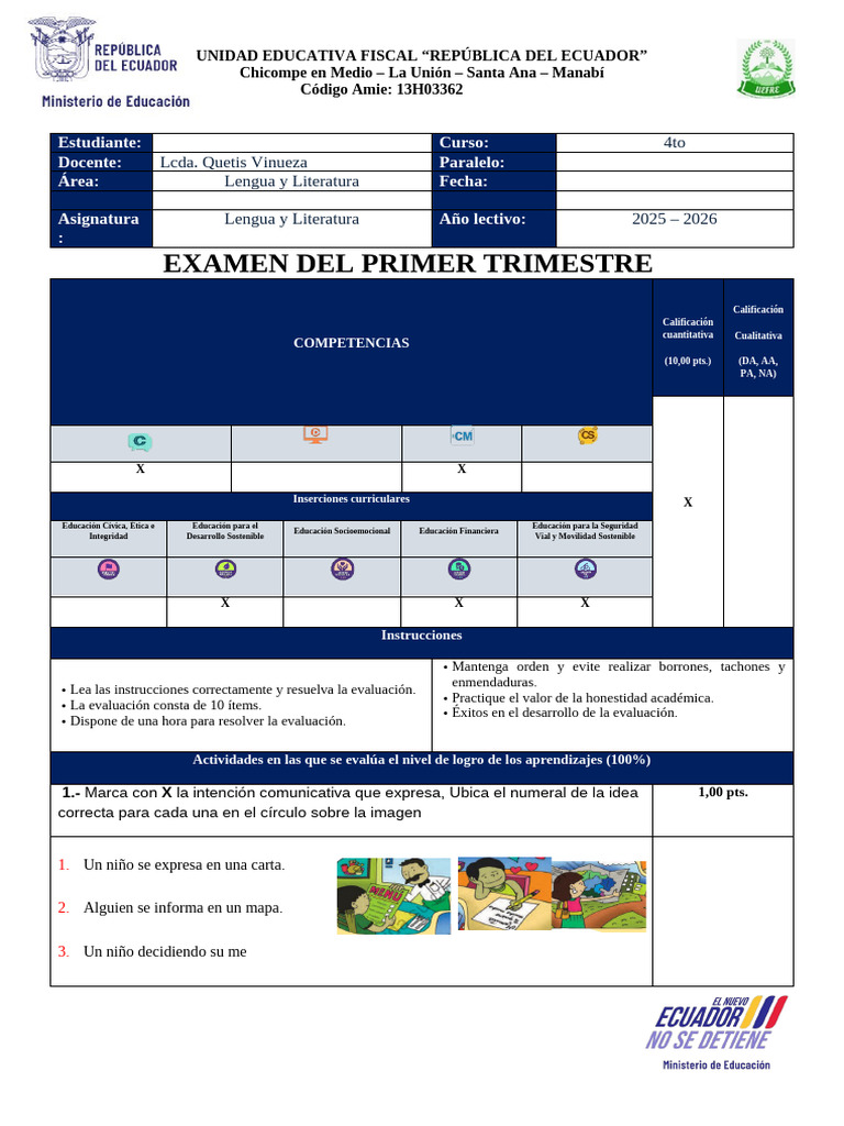 Examen Primer Trimestre 4to Grado 2025-2026 | PDF | Aprendizaje