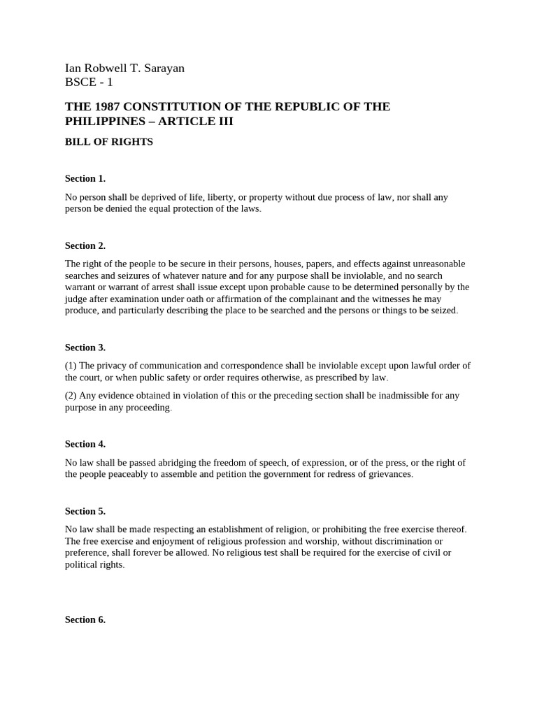 1987 Philippine Constitution: Bill of Rights | PDF | Search And Seizure ...