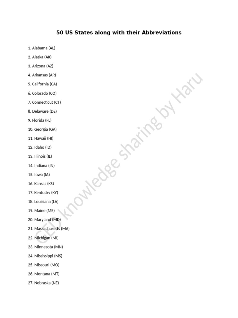 US States and Their Abbreviations | PDF