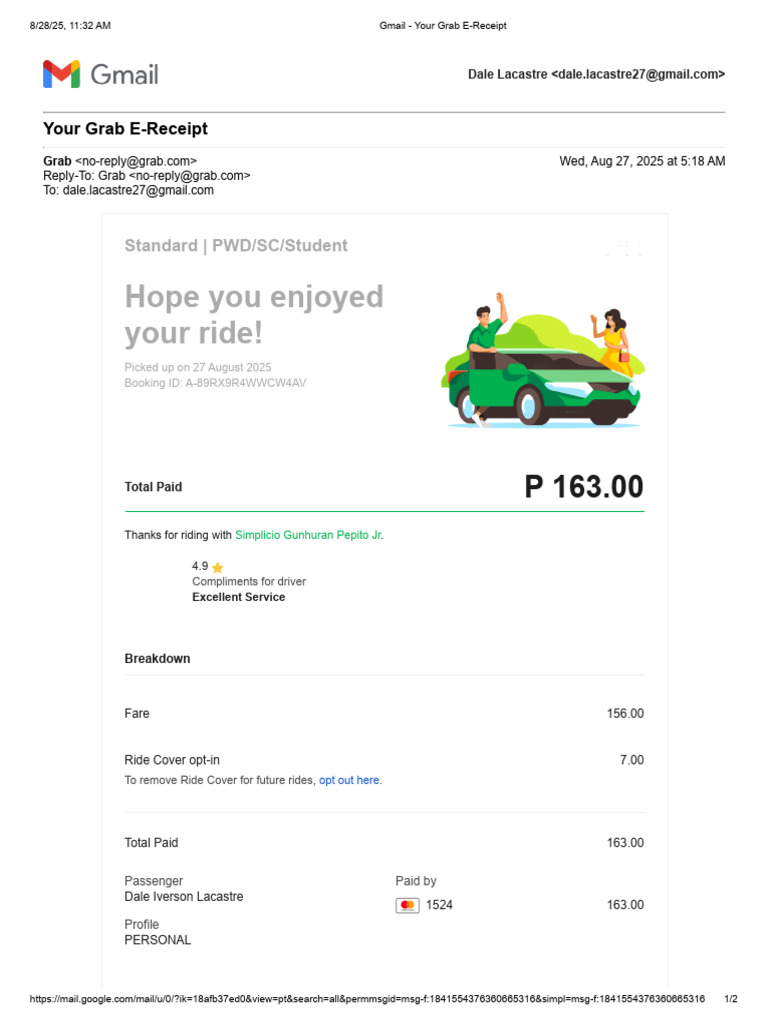 Grab E-Receipt for Ride on Aug 27 | PDF