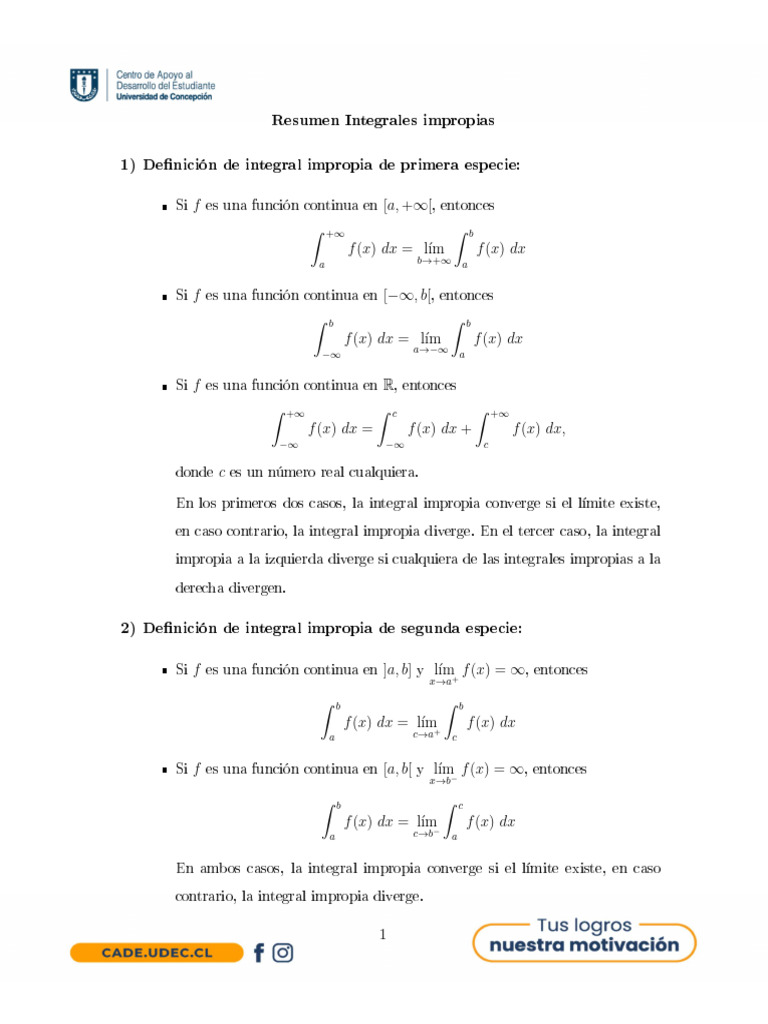 Definición y Criterios de Integrales Impropias | PDF | Integral ...