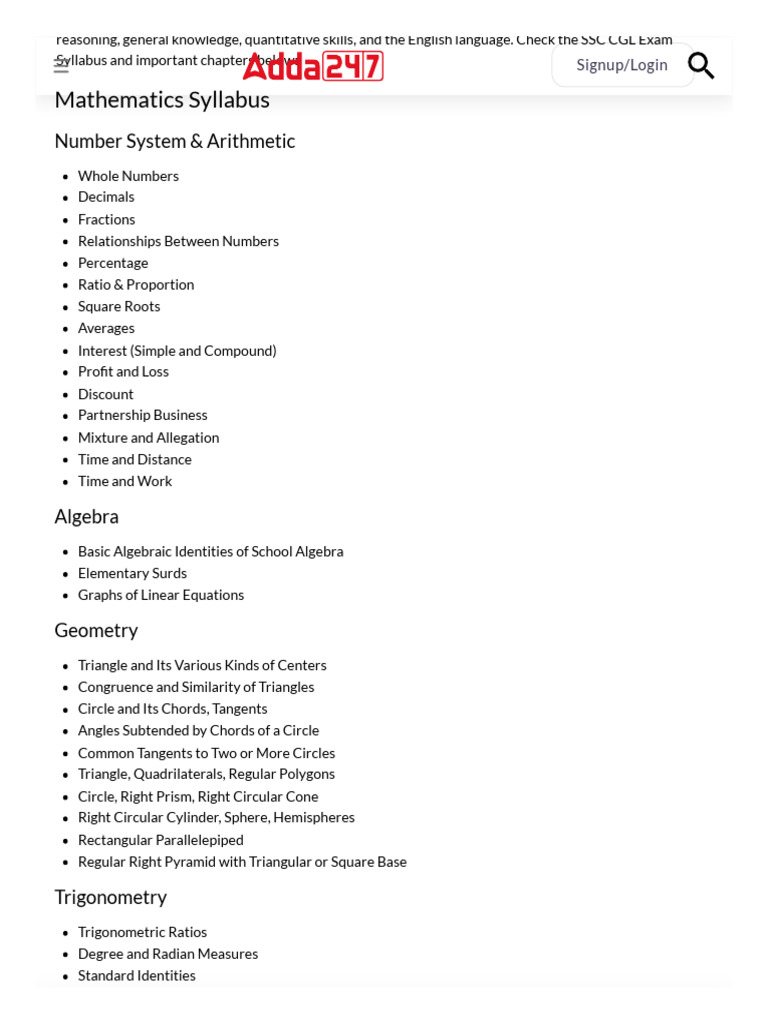 SSC CGL 2025 Maths Syllabus Overview | PDF | Circle | Trigonometric ...