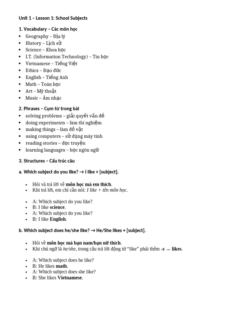 School Subjects Vocabulary and Questions | PDF
