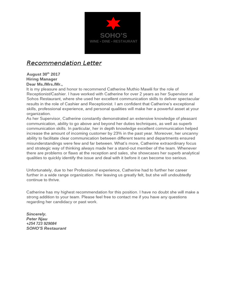 Recommendation for Catherine Mawili | PDF