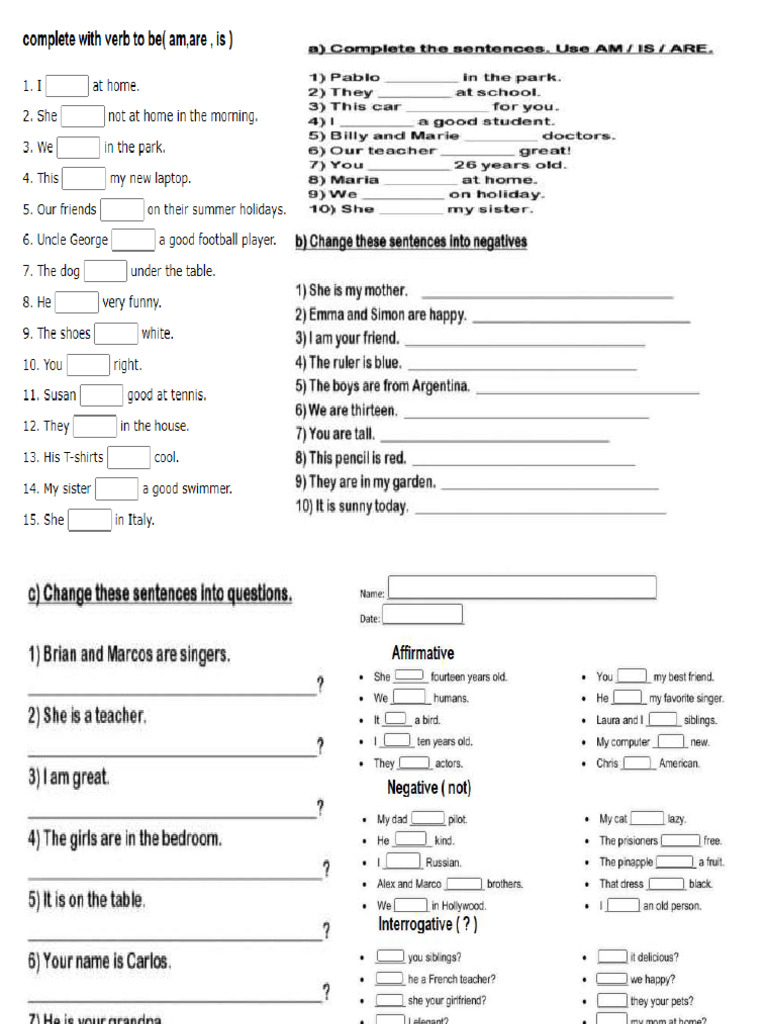 Verb To Be Affirmative Negative | PDF