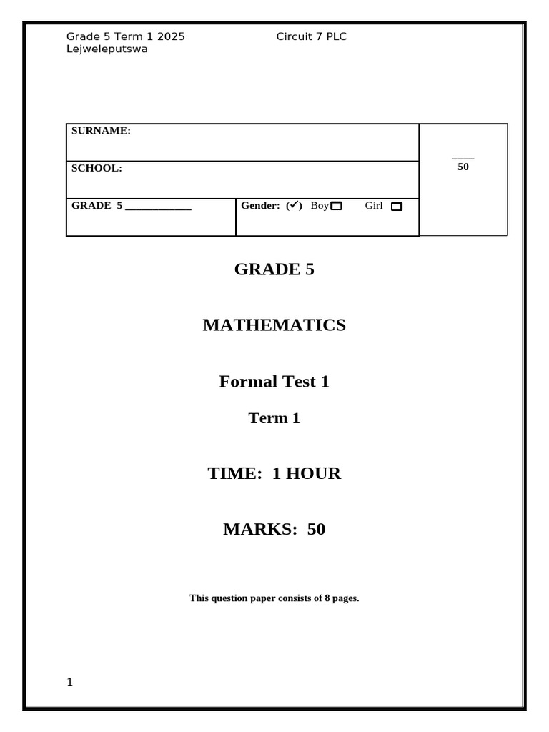 Grade 5 Term 1 2025 Mathematics Test | PDF