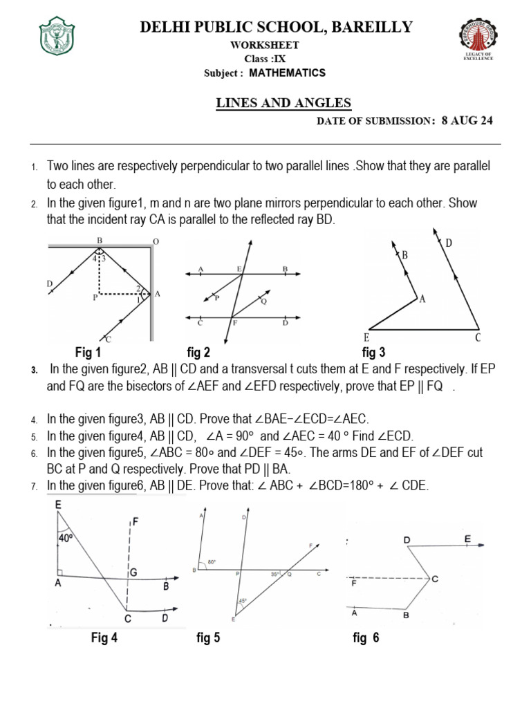 Lines and Angles Worksheet PDF | PDF