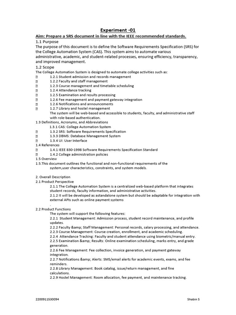 SE Experiment 1 SRS Document For Wine Quality Prediction | PDF ...