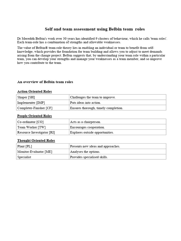 Belbin Team Roles Self-Assessment Guide | PDF | Psychological Concepts ...