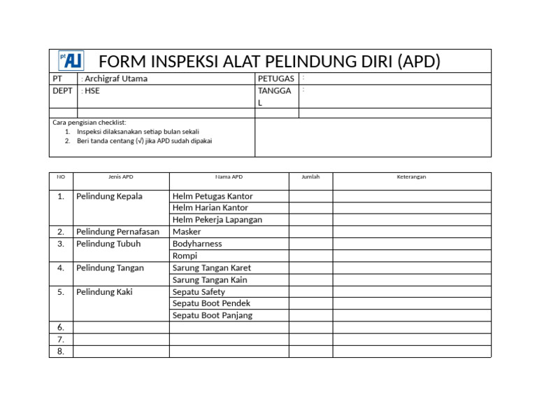 Checklist Inspeksi APD Bulanan HSE | PDF