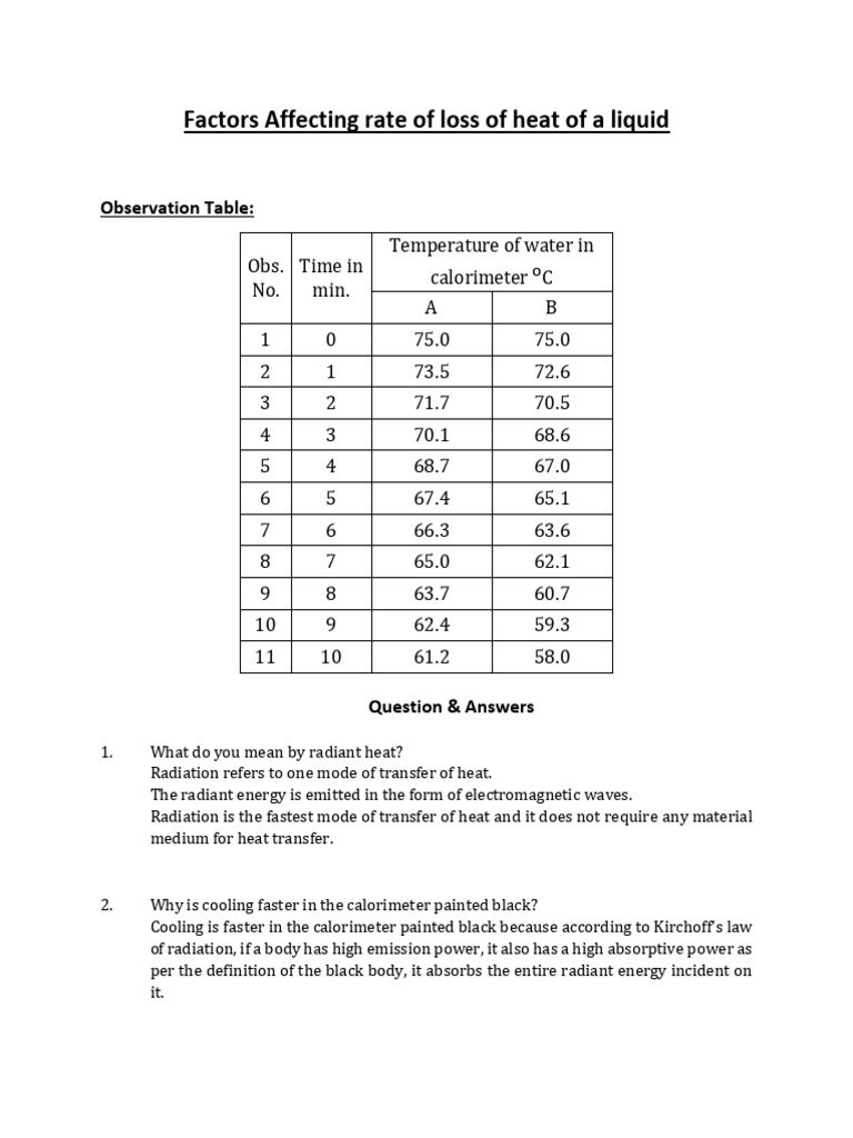 XII - A6 Factors Affecting Rate of Loss of Heat of A Liquid | PDF