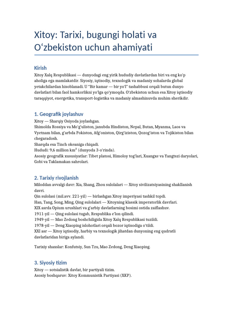 Xitoy Tarixi Bugungi Holati Ozbekiston Ahamiyati | PDF