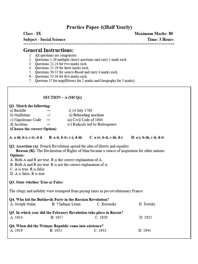 Class 9 SST Half Yearly Practice Paper | PDF