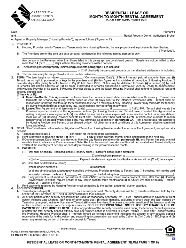 (RLMM) Residential Lease or Month-To-Month Rental Agreement | PDF ...