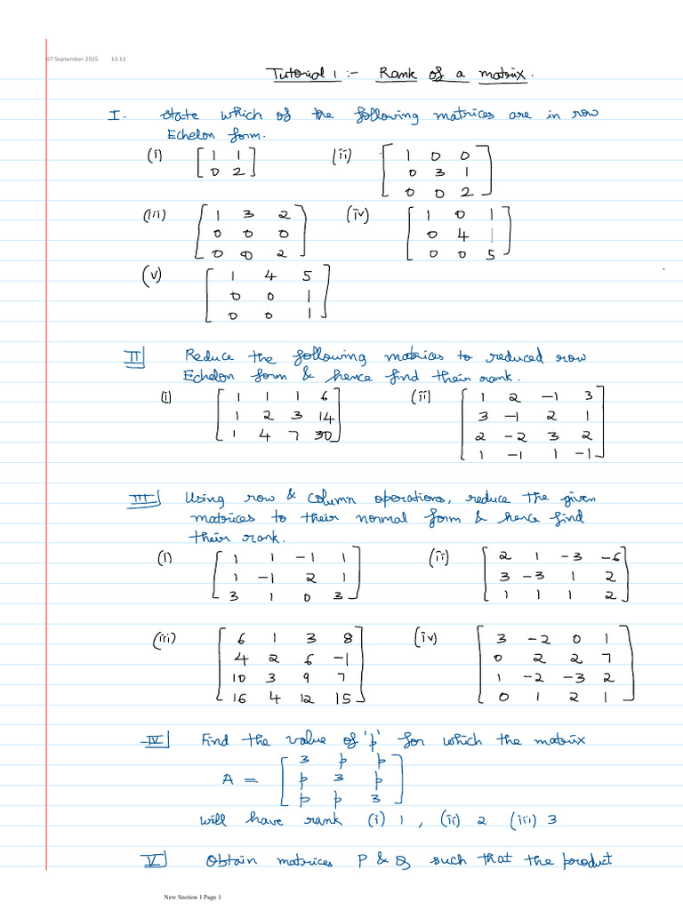 Tutorial 1 - Rank of A Matrix. | PDF