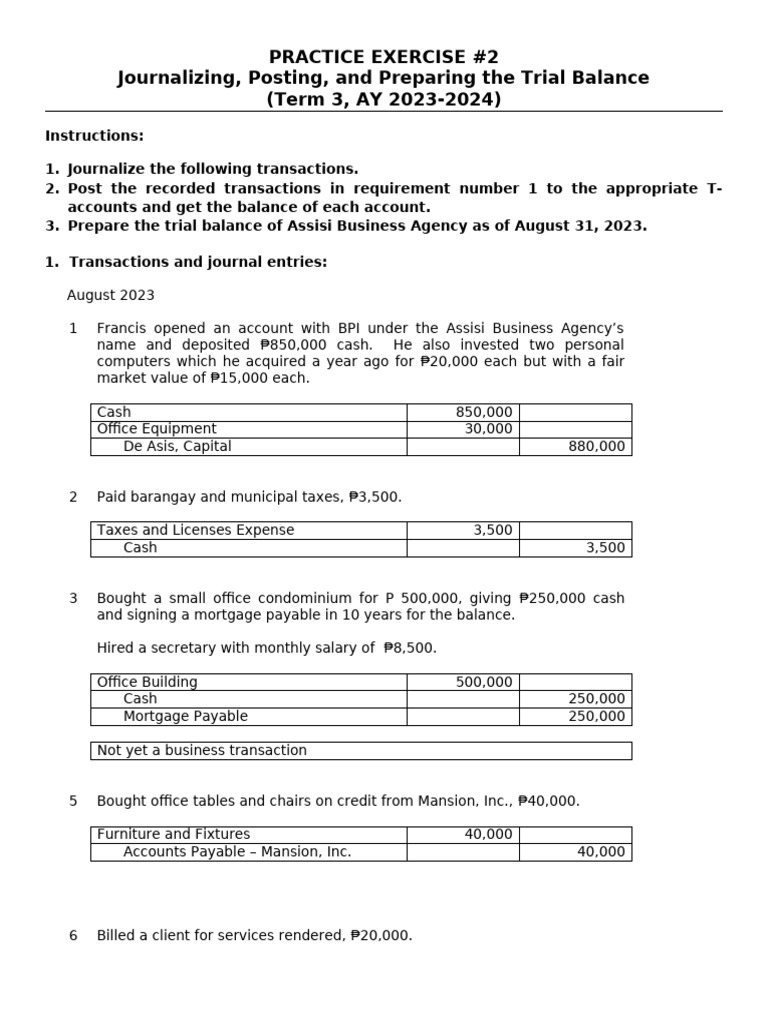 Practice Exercise #2 - Journalizing, Posting, and Trial Balance ...