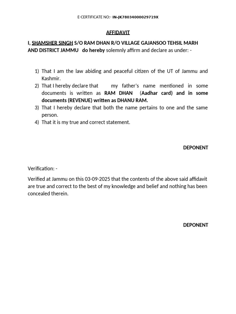 Affidavit for Name Declaration Certificate | PDF | Affidavit | Practice ...