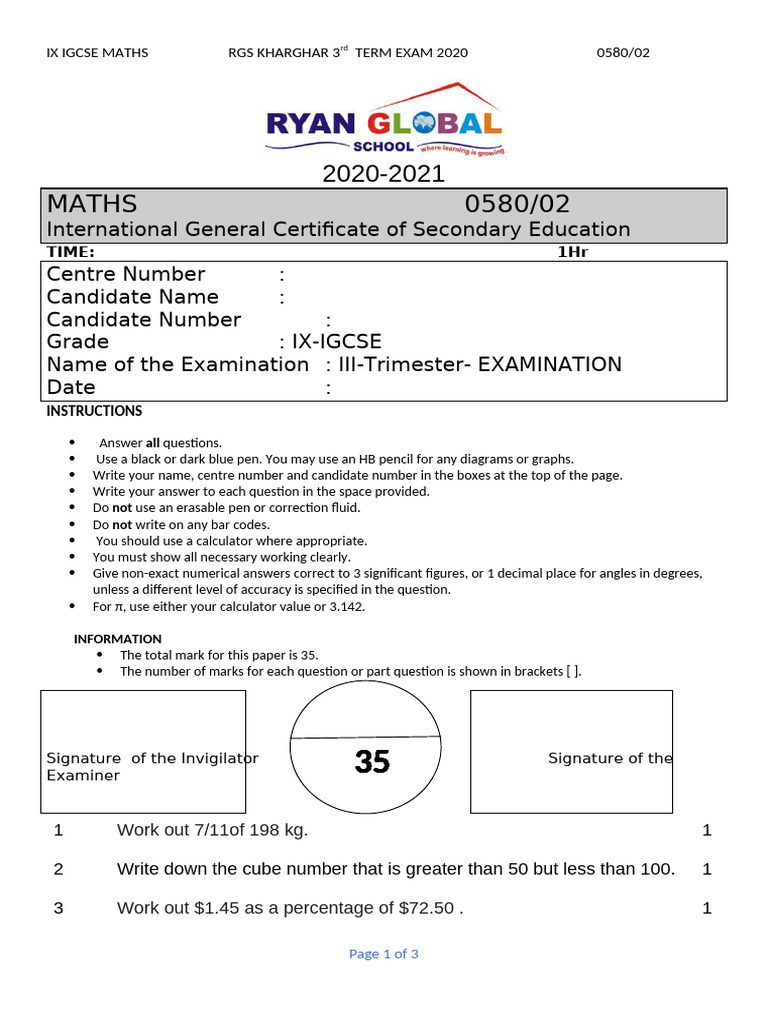 Ix Ig Maths Paper 2 3rd Term 2020 Qp | PDF | Cartesian Coordinate ...