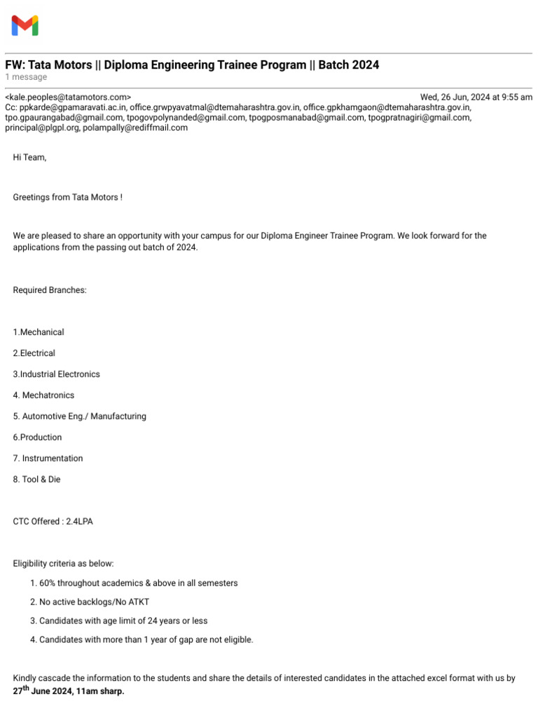 Tata Motors Diploma Trainee Program 2024 | PDF