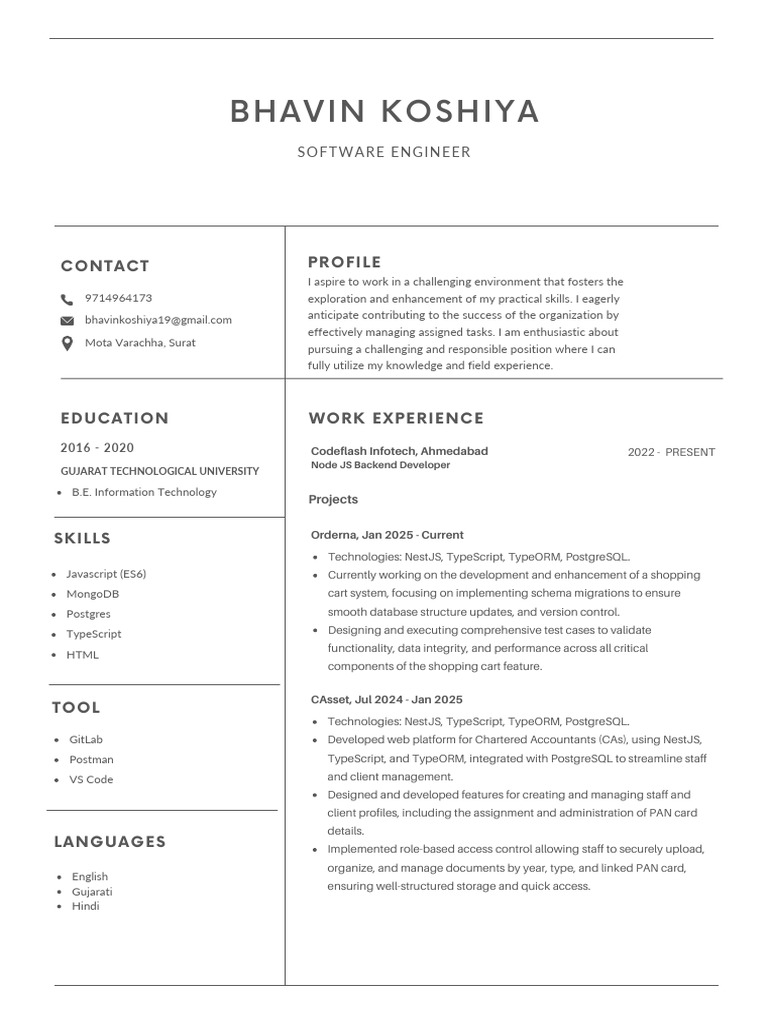 Bhavin Koshiyа: Software Engineer Profile | PDF | Postgre Sql | Computing