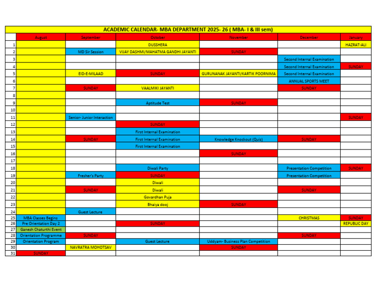 Academic Calendar MBA 2025-26 | PDF | October Observances | Polytheism
