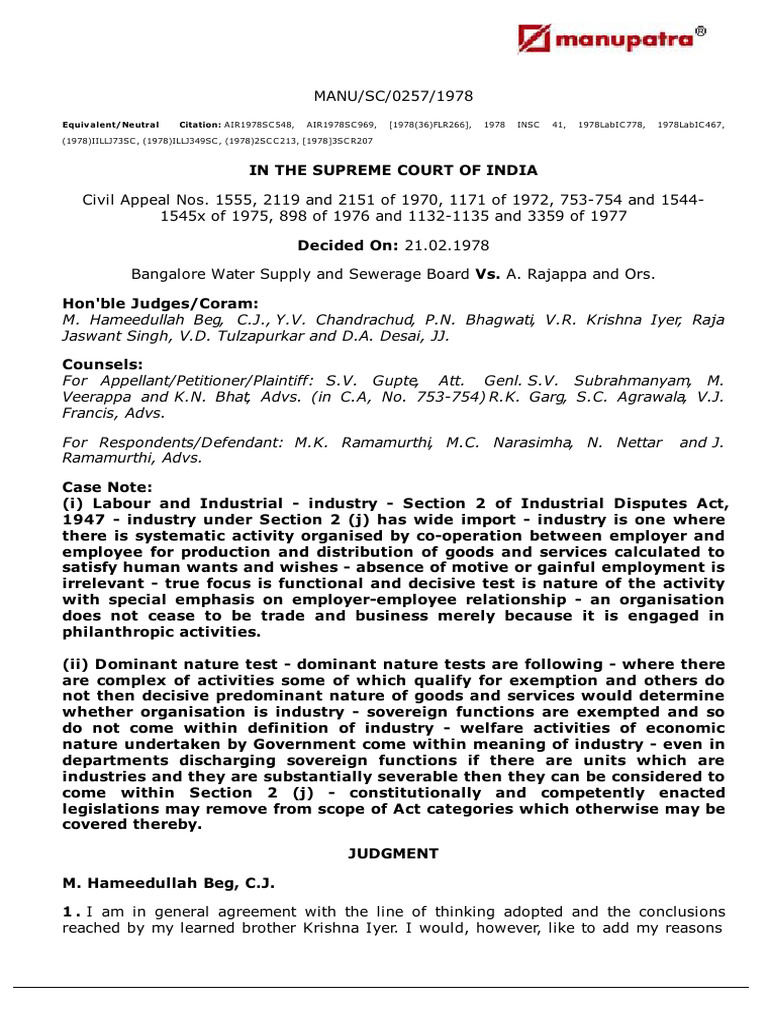 Bangalore Water Supply vs. Rajappa Case | PDF | Employment | Statutory ...