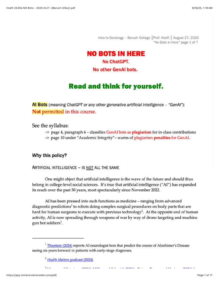 No Bots Policy in Sociology Course | PDF | Artificial Intelligence ...