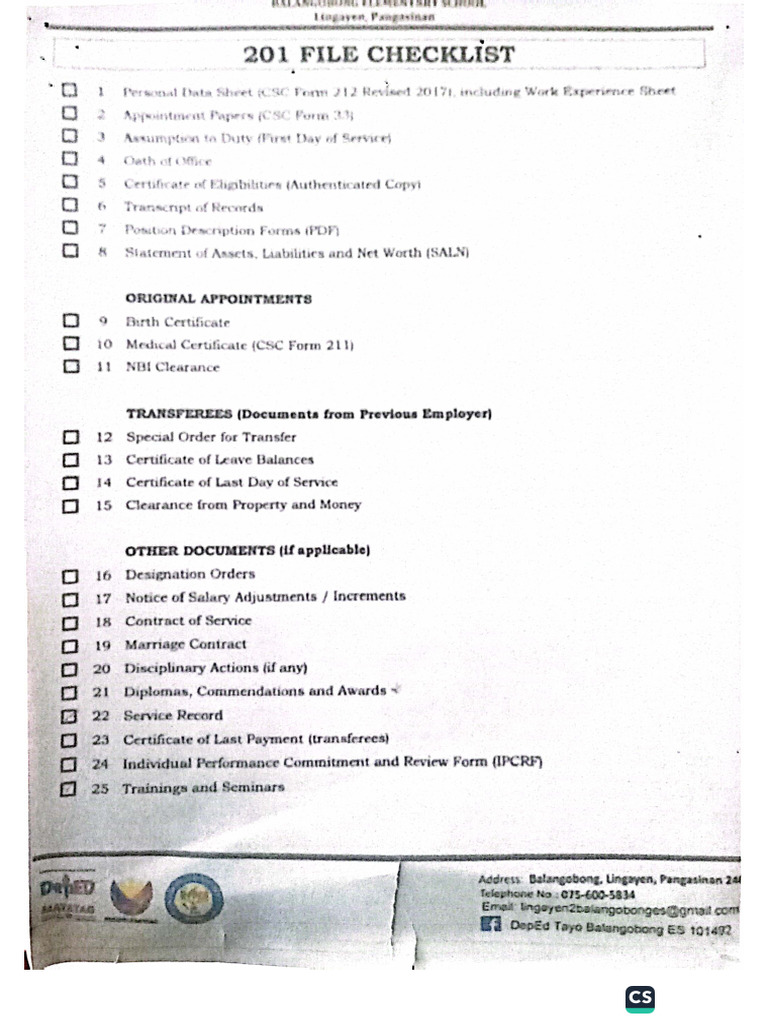 201 File Checklist | PDF