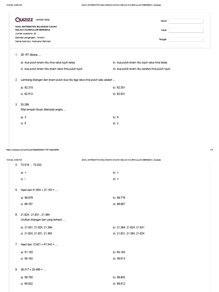 Soal Matematika Bilangan Cacah Kelas 5 | PDF