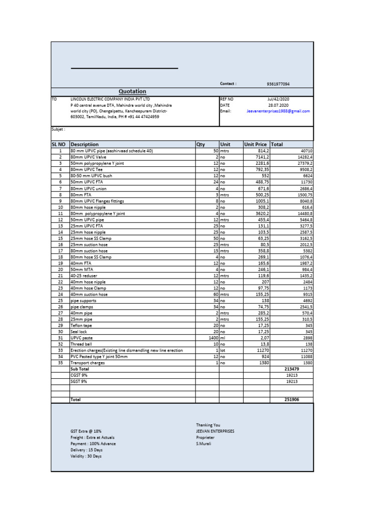 Quotation for UPVC Pipe Supplies | PDF | Materials | Building Engineering