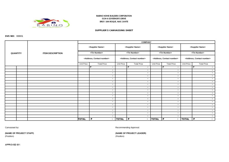 Supplier Canvassing Sheet Template | PDF