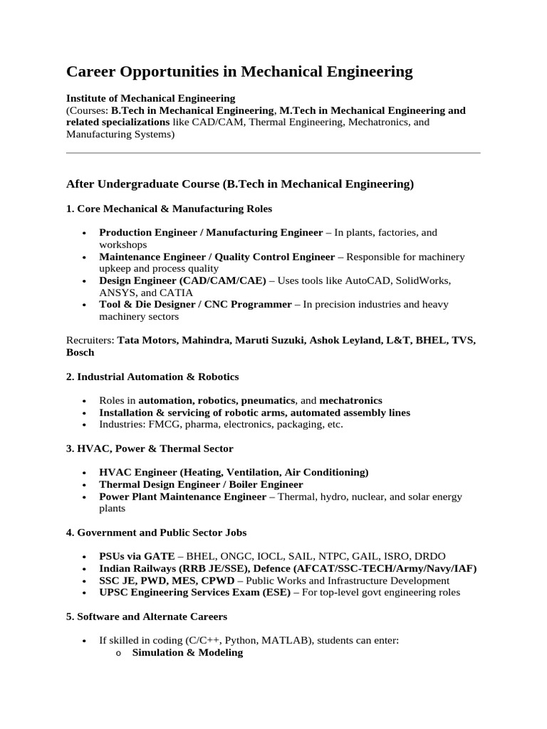 Mechanical Engineering Career Paths | PDF | Engineering | Mechatronics