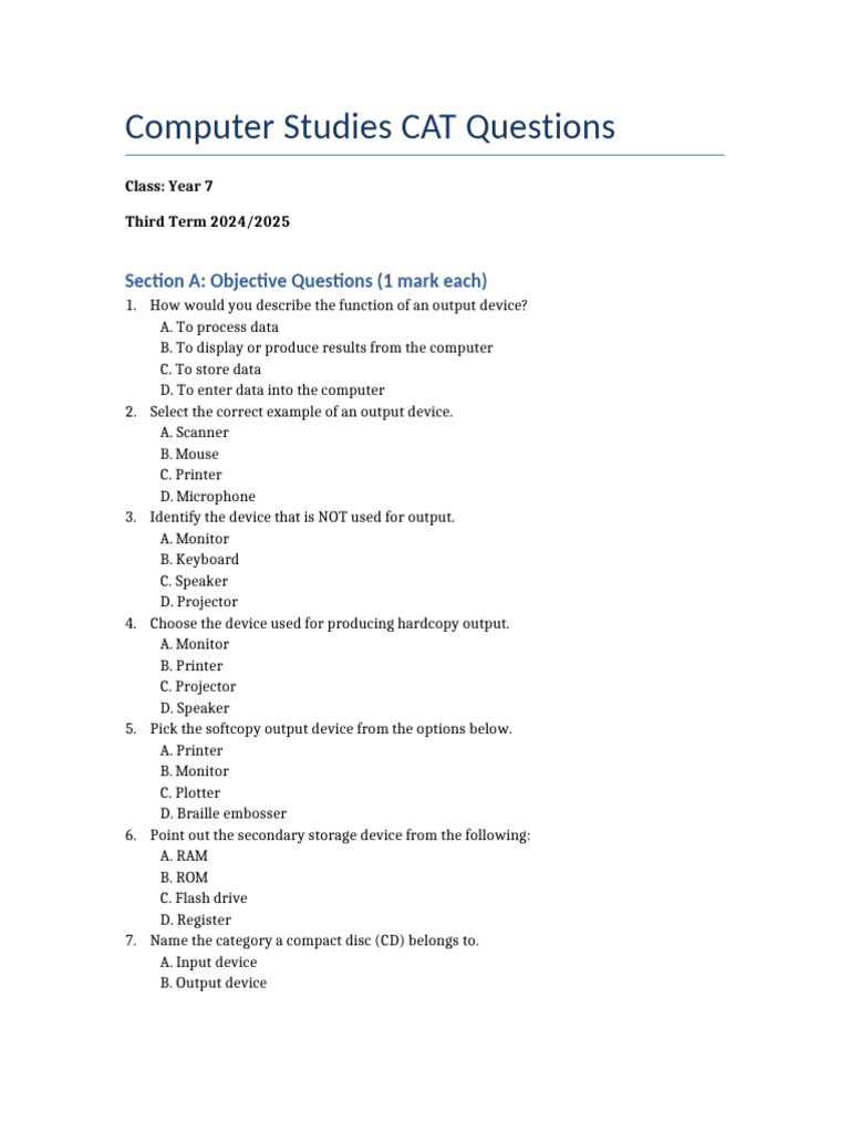 Computer Studies CAT Questions Third Term YEAR7 | PDF | Computer Data ...