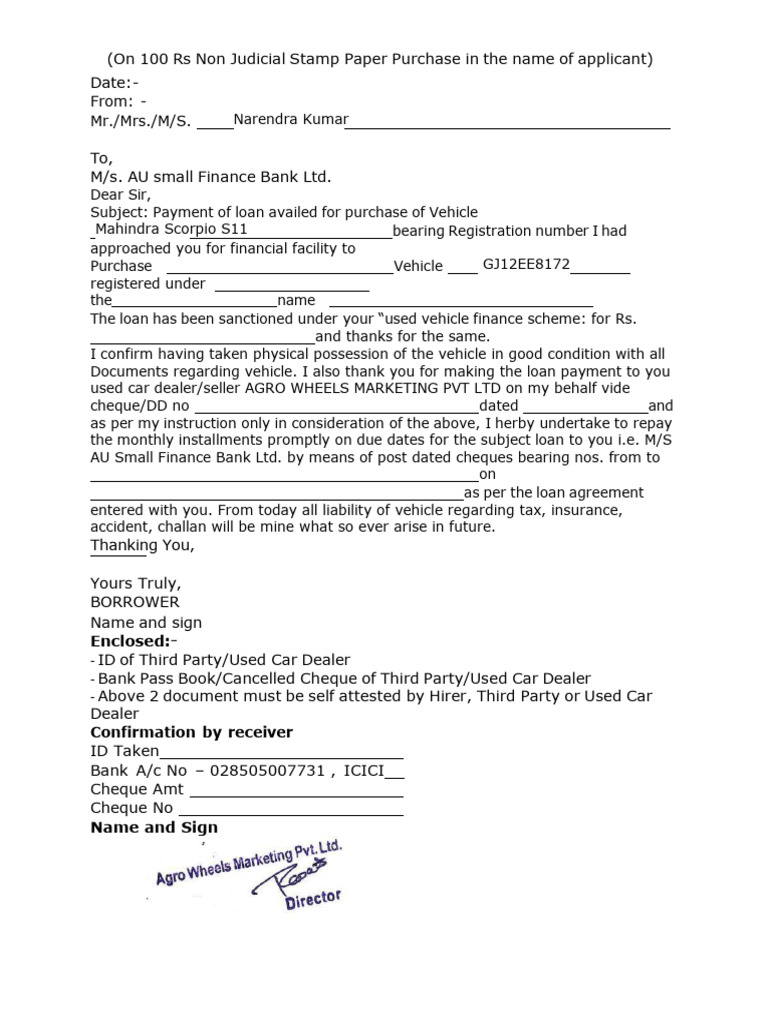 Narendra Kumar DCL WORD | PDF | Used Car | Loans