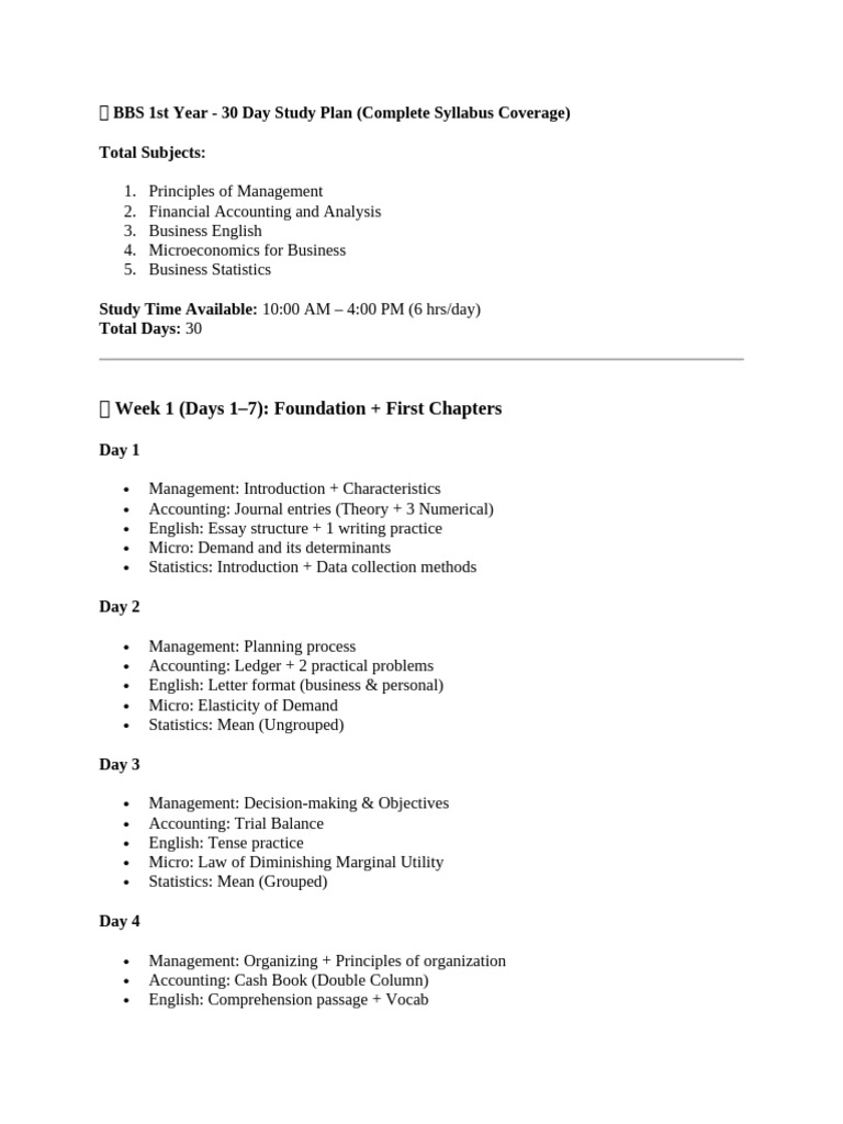 BBS 1st Year Study Plan Overview | PDF | Microeconomics | Statistics